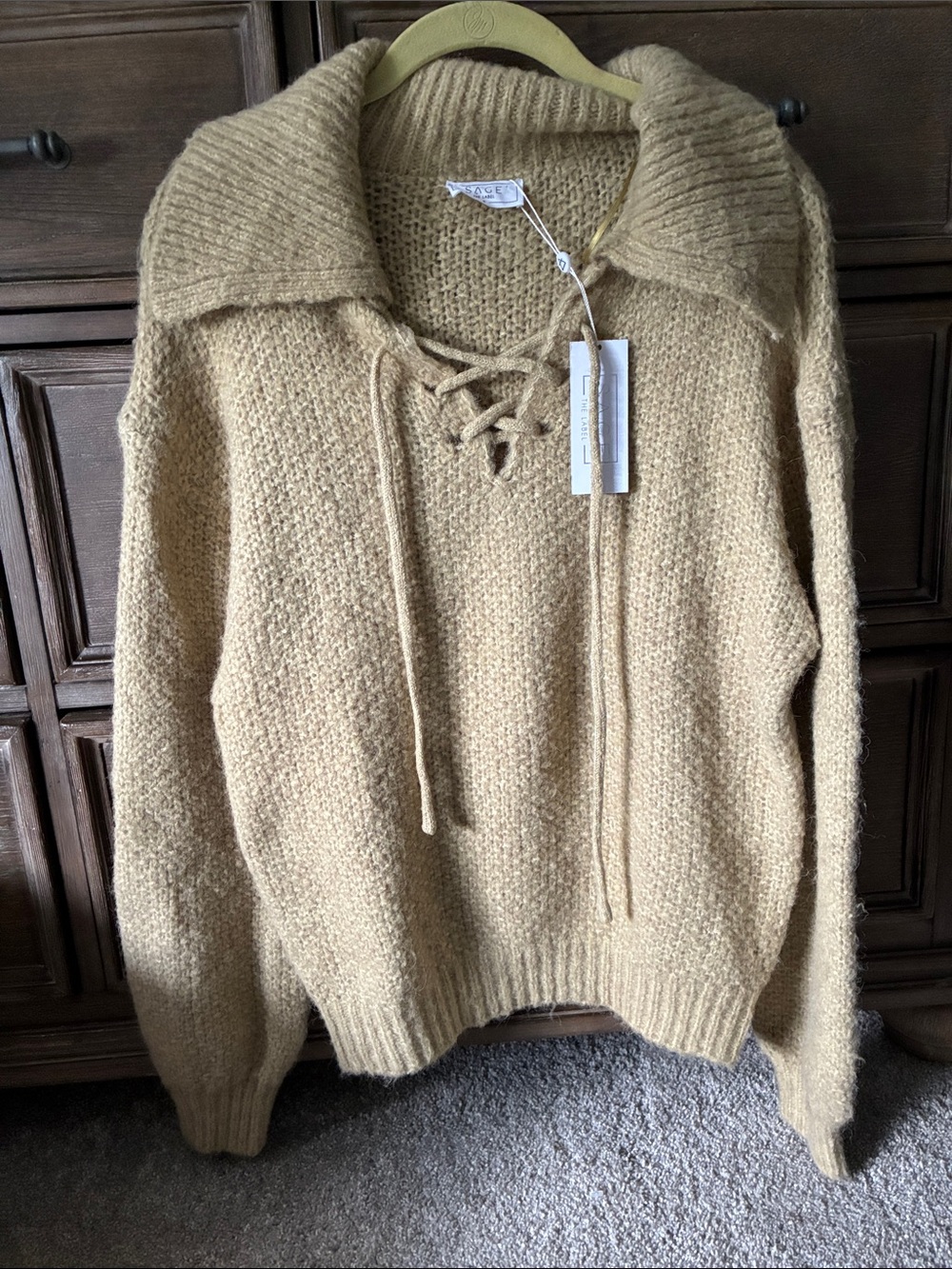 Sage The Label Knit Lace-Up Collared Sweater - Tannish/ Beige